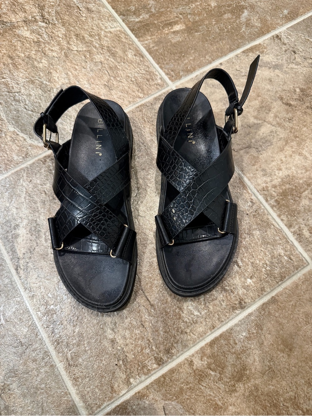 Billini Black Croc-Texture Cross Strap Slingback Sandals. Australian brand